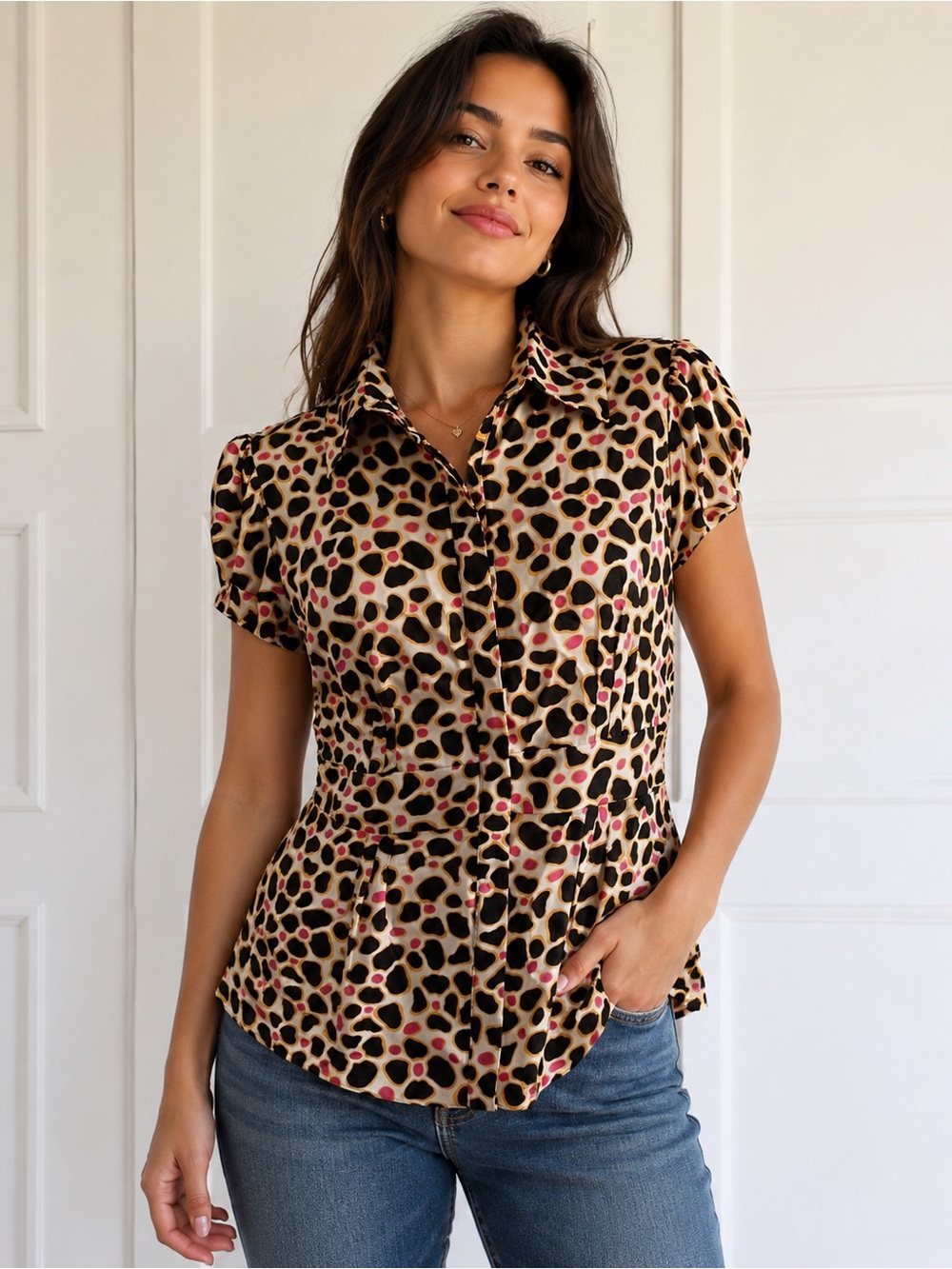 Diane Von Furstenberg Courtney Silk Lycra Peplum Button Blouse